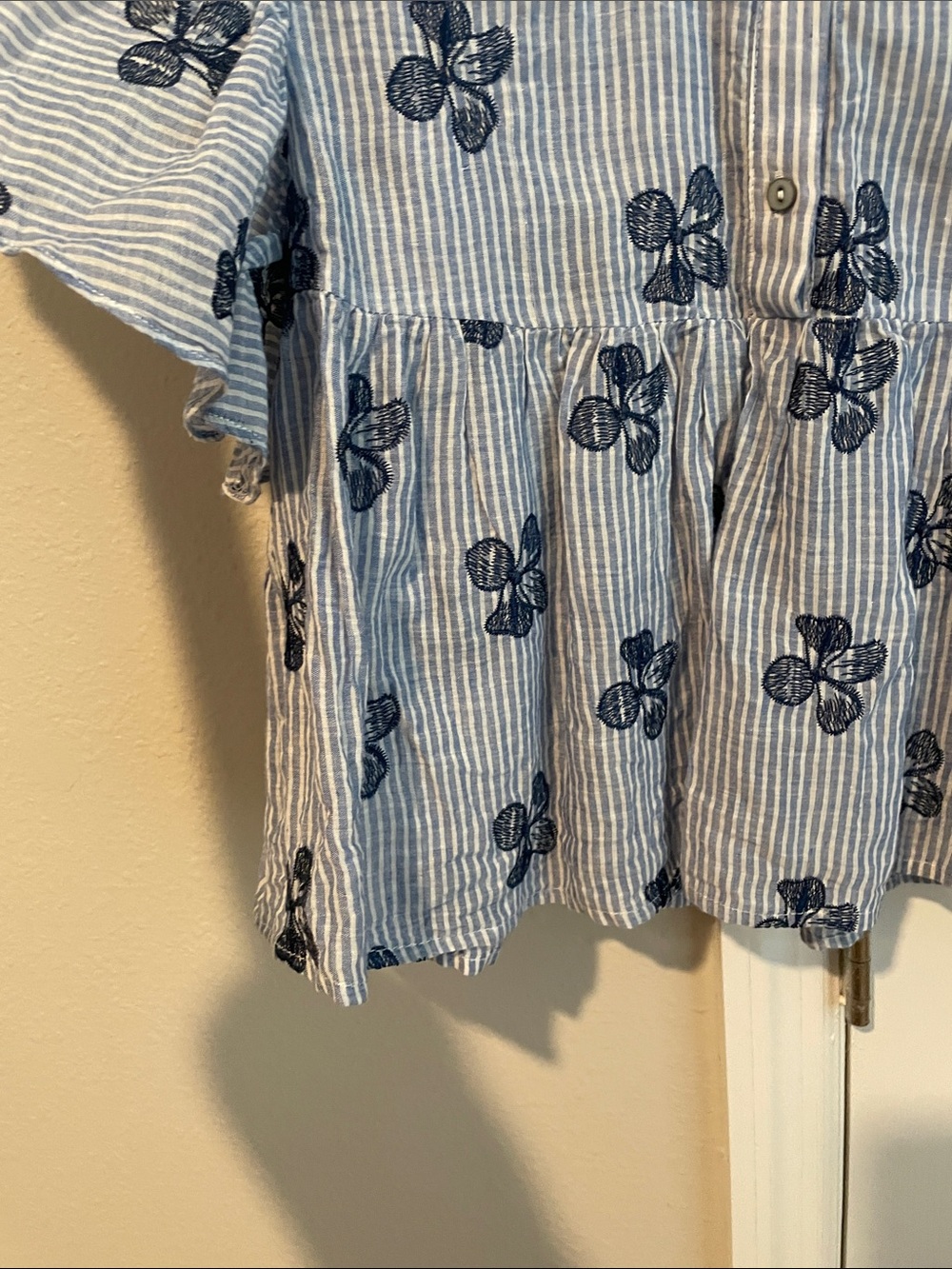 VOY Blue Stripe Embroidered Ruffle-Sleeve Blouse - Picture 7 of 9